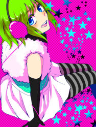 Rule 34 | 1girl, aqua eyes, bad id, bad pixiv id, elbow gloves, gloves, green hair, grey pantyhose, gumi, happy synthesizer (vocaloid), headphones, pantyhose, short hair, smile, solo, striped clothes, striped pantyhose, vocaloid, yuyuki