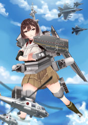 Rule 34 | 10s, 1girl, aircraft, airplane, blue sky, blush, breasts, brown eyes, brown hair, cloud, day, f-35, flight deck, gatling gun, gun, helicopter, hiememiko, hyuuga (jmsdf), hyuuga (kancolle), ise (jmsdf), ise (kancolle), japan maritime self-defense force, japan self-defense force, japanese clothes, jet, kantai collection, large breasts, military, missile, ocean, personification, short hair, skirt, sky, solo, turret, weapon