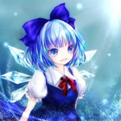Rule 34 | 1girl, blue eyes, blue hair, blue theme, blush, bow, cirno, dress, fang, hair bow, ice, matching hair/eyes, open mouth, puffy sleeves, ribbon, setsu, short hair, smile, solo, sparkle, touhou, upper body, wings