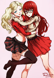 Rule 34 | 2girls, blush, breasts, fishnets, glasses, hug, long hair, long sleeves, looking at viewer, medium breasts, mina cream, multiple girls, navel, no shoes, official alternate costume, official alternate hairstyle, one eye closed, open mouth, persona, persona 5, persona 5 the royal, red eyes, red hair, skirt, smile, takamaki anne, thighhighs, very long hair, yoshizawa kasumi, yoshizawa sumire