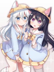 Rule 34 | 2girls, absurdres, akatsuki (kancolle), animal ear fluff, animal ears, azur lane, black hair, blouse, blue eyes, blue shirt, brown background, buttons, cat ears, cosplay, ears through headwear, gradient background, hair between eyes, hat, hibiki (kancolle), highres, kantai collection, kemonomimi mode, kindergarten uniform, kisaragi (azur lane), kisaragi (azur lane) (cosplay), long hair, looking at viewer, loose socks, multiple girls, mutsuki (azur lane), mutsuki (azur lane) (cosplay), namekuji (namekuzu), open mouth, ribbon, school hat, shirt, silver hair, socks, sparkle, standing, standing on one leg, thighhighs, very long hair, white background, white legwear, yellow hat