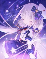 Rule 34 | 1girl, blunt bangs, bow, closed eyes, dress, eisei yuuna, hair bow, happy birthday, hat, indie virtual youtuber, long hair, low twintails, mizumizu (phoenix), open mouth, purple bow, purple dress, sailor collar, short sleeves, solo, twintails, virtual youtuber, white hair