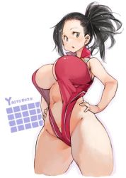 Rule 34 | 1girl, black hair, boku no hero academia, breasts, character name, chestnut mouth, curvy, female focus, from side, halterneck, hands on own hips, high collar, highleg, highleg leotard, large breasts, leotard, ponytail, revealing clothes, sachito, simple background, solo, standing, thick thighs, thighs, white background, yaoyorozu momo