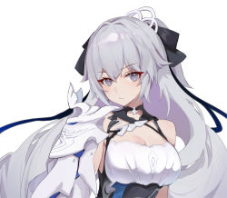 Rule 34 | 1girl, absurdres, bare shoulders, breasts, bronya zaychik, bronya zaychik (silverwing: n-ex), commentary request, dress, expressionless, grey eyes, grey hair, hair between eyes, hair ornament, highres, honkai (series), honkai impact 3rd, long hair, looking at viewer, sleeveless, sleeveless dress, solo, tianyu huapo, upper body, white background