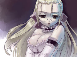 Rule 34 | 1girl, areola slip, arm garter, bare shoulders, blonde hair, breasts, breasts squeezed together, choker, cleavage, close-up, elbow gloves, frills, glasses, gloves, green eyes, hair ribbon, huge breasts, inu777, large breasts, lips, long hair, naughty face, no bra, oouchi takadou, open mouth, ribbon, solo, very long hair