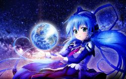 Rule 34 | 1girl, armor, blue hair, blue skirt, blush, character name, earth (planet), floating hair, green eyes, guangyuying de lianyi, hair between eyes, headgear, hoshino yumemi, long hair, long sleeves, necktie, parted lips, planet, planetarian, red necktie, shoulder armor, skirt, sky, solo, star (sky), starry sky, very long hair