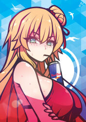 Rule 34 | 1girl, absurdres, akai haato, bacon strips, bikini, blonde hair, breasts, can, crossed arms, drinking straw, from side, green eyes, highres, hololive, large breasts, long hair, looking at viewer, red bikini, red bull, sideboob, solo, swimsuit, upper body, virtual youtuber
