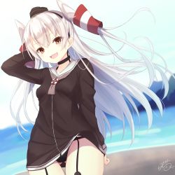 Rule 34 | 1girl, :d, amatsukaze (kancolle), arm behind head, bad id, bad pixiv id, beach, black choker, black hat, black panties, blush, breasts, brown eyes, choker, collarbone, commentary request, cowboy shot, day, dress, eyelashes, fang, garter straps, gluteal fold, grey hair, groin, hair between eyes, hair tubes, hand to head, hand up, hat, highres, kantai collection, long hair, long sleeves, looking at viewer, mini hat, open mouth, outdoors, panties, pantyshot, ramchi, red thighhighs, rensouhou-kun, sailor collar, sailor dress, short dress, signature, small breasts, smile, solo, standing, striped clothes, striped thighhighs, thighhighs, two side up, underwear, upskirt, wind, wind lift