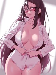 Rule 34 | 1girl, blush, breasts, brown eyes, brown hair, collarbone, collared shirt, dress shirt, earrings, fate/grand order, fate (series), highres, jewelry, large breasts, long hair, long sleeves, looking at viewer, multiple earrings, naked shirt, onsoku inu, shirt, solo, thighs, very long hair, white shirt, yu mei-ren (fate)