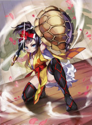 Rule 34 | 1girl, ario, armpits, black hair, blue eyes, breasts, cleavage, fighting stance, hair ornament, japanese clothes, polearm, shibari, shield, spear, thighhighs, turtle shell, weapon, wixoss