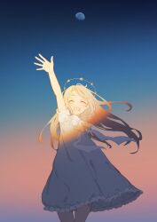 Rule 34 | 1girl, ^ ^, absurdres, alt (apou), arm up, blonde hair, blue sky, blush, closed eyes, commentary, dress, english commentary, facing viewer, feet out of frame, floating hair, frilled dress, frills, gibbous moon, gradient sky, grey dress, halo, highres, long hair, moon, neck ribbon, open mouth, original, outdoors, puffy short sleeves, puffy sleeves, ribbon, shade, short sleeves, sky, smile, solo, standing, star halo, twilight, waving