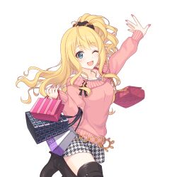Rule 34 | bag, black footwear, boots, checkered clothes, checkered skirt, handbag, holding, holding bag, houndstooth, jacket, long hair, long sleeves, nail polish, official art, one eye closed, pink jacket, princess connect!, skirt, suzuna (princess connect!), suzuna (real) (princess connect!), tachi-e, thigh boots, transparent background