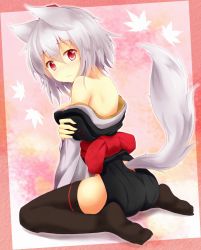 Rule 34 | 1girl, animal ears, ass, bare shoulders, black thighhighs, blush, breasts, embarrassed, hat, highres, inubashiri momiji, kittona, looking at viewer, looking back, off shoulder, red eyes, short hair, silver hair, sitting, solo, tail, thighhighs, tokin hat, touhou, wolf ears, wolf tail