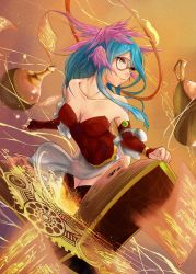 Rule 34 | 1girl, ars nova (p&amp;d), bare shoulders, blue hair, book, collarbone, desuko, detached sleeves, halo, head wings, long hair, magic circle, monocle, orange eyes, pages, puzzle &amp; dragons, red thighhighs, solo, thighhighs, wings, yellow eyes