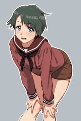 Rule 34 | 10s, 1girl, black hair, blue eyes, blush, hands on own knees, highres, kantai collection, leaning forward, long sleeves, looking at viewer, mogami (kancolle), nigou, open mouth, outline, school uniform, serafuku, short hair, simple background, skirt, smile, solo