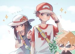 1girl 2boys :d blue_oak chibi closed_mouth commentary_request creatures_(company) dress game_freak hand_on_headwear hat leaf_(pokemon) looking_at_viewer maccha_pamocute multiple_boys nintendo open_mouth pokemon pokemon_frlg pokemon_sm red_(pokemon) red_hat shirt short_hair short_sleeves sleeveless sleeveless_dress smile sparkle spiked_hair strap sun_hat sunglasses t-shirt translation_request v white_hat wristband