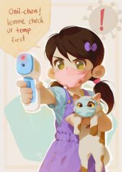 Rule 34 | !, 1girl, aiming, alkemanubis, animal, artist name, bow, brown hair, cat, child, coronavirus, coronavirus pandemic, covering own mouth, dated, english text, fingernails, hair bow, hair ornament, highres, holding, holding animal, holding cat, laser sight, long hair, looking at viewer, low twintails, mask, mouth mask, no pupils, original, outstretched arm, purple bow, short sleeves, solo, speech bubble, standing, surgical mask, thermometer, twintails, upper body, wristband, yellow eyes