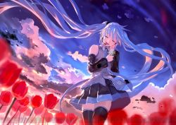 Rule 34 | 1girl, absurdly long hair, black thighhighs, blue necktie, blurry, bob (biyonbiyon), closed eyes, cloud, collared shirt, cowboy shot, detached sleeves, flower, hand on headphones, hatsune miku, long hair, long sleeves, md5 mismatch, necktie, open mouth, pleated skirt, project diva (series), project diva x, red flower, resized, shirt, skirt, sky, sleeveless, sleeveless shirt, smile, solo, thighhighs, tie clip, tulip, upscaled, very long hair, vocaloid, watermark, wind, zettai ryouiki