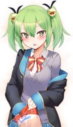 Rule 34 | 10s, 1girl, bell, blush, chips (food), food, gj-bu, green eyes, green hair, hair ornament, jacket, jacket off shoulders, kannazuki tamaki, looking at viewer, m-da s-tarou, matching hair/eyes, off shoulder, potato chips, ribbon, school uniform, simple background, solo, sweater, twintails, white background