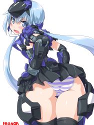 Rule 34 | 10s, 1girl, ass, bad id, bad pixiv id, black gloves, black skirt, black thighhighs, blue eyes, blue hair, blush, dd (ijigendd), doll joints, elbow gloves, eyebrows, eyes visible through hair, frame arms girl, from behind, gloves, hair between eyes, headgear, joints, leaning forward, long hair, looking at viewer, looking back, matching hair/eyes, mecha musume, miniskirt, numbered, panties, pleated skirt, simple background, skirt, solo, striped clothes, striped panties, stylet, sweatdrop, thighhighs, twintails, underwear, very long hair, white background