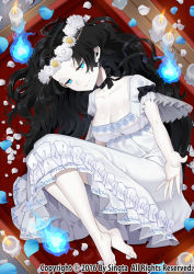 Rule 34 | 1girl, arm ribbon, bad id, bad pixiv id, barefoot, black hair, black ribbon, breasts, candle, carchet, cleavage, colored skin, commentary request, copyright name, dress, ears visible through hair, feet, flower, forehead, hair flower, hair ornament, looking at viewer, lying, medium breasts, neck ribbon, on side, pannochka, revision, ribbon, short hair, sid story, sleeping, solo, white dress, white skin