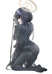 Rule 34 | 1girl, absurdres, ass, back, black bodysuit, black eyes, black hair, blue archive, bodystocking, bodysuit, hairband, halo, highres, kneeling, long hair, looking at viewer, open mouth, panties, simple background, solo, ui (blue archive), underwear, ushimochi, very long hair, white background, white panties
