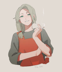 Rule 34 | 1girl, apron, artist name, brown background, cigarette, commentary request, cropped torso, earrings, green eyes, grey hair, grey shirt, grin, hair over shoulder, hand up, highres, holding, holding cigarette, jewelry, long hair, looking at viewer, mature female, nanahyaku torako, original, parted lips, ponytail, red apron, shirt, short sleeves, simple background, smile, smoke, smoking, solo, stud earrings, upper body