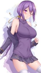 Rule 34 | 1girl, adjusting clothes, adjusting headwear, beret, blush, braid, breasts, chestnut mouth, clenched hand, eltnum, fingerless gloves, gloves, hand up, hat, highres, jacket, long hair, medium breasts, melty blood, midriff, navel, purple background, purple eyes, purple hair, purple skirt, single braid, sion eltnam atlasia, skirt, solo, soukitsu, sweatdrop, thighhighs, tsukihime, twitter username, under night in-birth, underboob, very long hair, white thighhighs