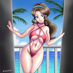 Rule 34 | 1girl, absurdres, aqua eyes, assymptoad, beach, bikini, blue hairband, blue sky, breasts, brown hair, choker, cleavage, creatures (company), curvy, eyelashes, game freak, hairband, highres, long hair, looking at viewer, mature female, mother (pokemon), nintendo, ocean, one-piece swimsuit, open mouth, palm tree, pokemon, pokemon bw, sidelocks, sky, slingshot swimsuit, solo, swimsuit, tree, underboob, unova mother (bw), very long hair, wide hips