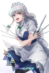 Rule 34 | 1girl, :d, apron, between fingers, black pantyhose, blue dress, blue eyes, bow, braid, breasts, commentary request, dress, gradient background, green bow, grey background, hair bow, highres, holding, holding knife, holding weapon, izayoi sakuya, knife, knives between fingers, long hair, looking at viewer, maid, maid apron, maid headdress, medium breasts, open mouth, pantyhose, puffy short sleeves, puffy sleeves, re (re 09), shirt, short dress, short sleeves, silver hair, simple background, smile, solo, touhou, twin braids, unconnected marketeers, waist apron, weapon, white apron, white background, white shirt