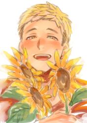 Rule 34 | 1boy, absurdres, beniya 0608, blonde hair, brown eyes, commentary request, dungeon meshi, flower, hands up, highres, holding, holding flower, laios touden, looking at viewer, male focus, open mouth, short hair, simple background, sunflower, upper body, very short hair, white background