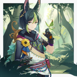 Rule 34 | 1boy, animal ears, black shirt, bug, bush, butterfly, closed mouth, commentary, flower, forest, fox boy, fox ears, genshin impact, gloves, grass, green butterfly, green eyes, green hair, grey gloves, grey hoodie, highres, hood, hoodie, insect, light rays, light smile, male focus, multicolored hair, nature, shirt, sing shuixing, solo, streaked hair, tassel, tighnari (genshin impact), tree, upper body, vision (genshin impact), yellow flower