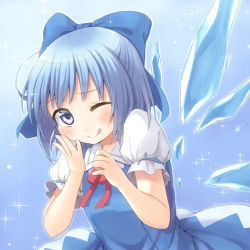 Rule 34 | 1girl, ;q, bad id, bad pixiv id, blue eyes, blue hair, blush, bow, chika (orange pop), cirno, dress, hair bow, hand on own cheek, hand on own face, ice, ice wings, matching hair/eyes, one eye closed, short hair, smile, solo, tongue, tongue out, touhou, wings, wink
