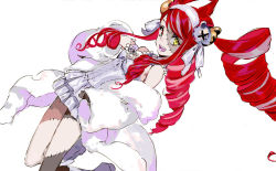 Rule 34 | dress, drill hair, heterochromia, hololive, hololive indonesia, kneeling, kureiji ollie, kureiji ollie (mafia princess), looking at viewer, pako (pakosun), red hair, simple background, skirt, smile, stitched face, stitched leg, stitches, twintails, virtual youtuber, white background, white dress, zombie