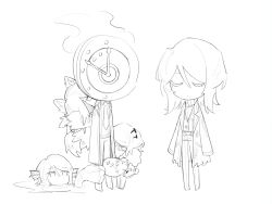 Rule 34 | 1other, 4girls, animal ears, chibi, claws, clock, closed eyes, closed mouth, coat, coat on shoulders, dante (limbus company), e.g.o (project moon), faust (project moon), fins, fire, greyscale, head fins, highres, ivy (675671), limbus company, looking at viewer, monochrome, multiple girls, multiple persona, nail, object head, project moon, simple background, sweater, tail, water, wolf ears, wolf tail
