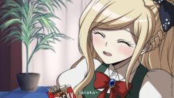 Rule 34 | 1girl, black hair, blonde hair, blush, bow, bowtie, braid, closed eyes, commentary, criis-chan, danganronpa (series), danganronpa 2: goodbye despair, dress, food, french braid, green dress, hair bow, indoors, long hair, open mouth, plant, pocky, potted plant, puffy short sleeves, puffy sleeves, red bow, short sleeves, smile, solo, sonia nevermind, subtitled, teeth, upper teeth only