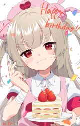Rule 34 | 1girl, apron, bandaged arm, bandages, blush, cake, closed mouth, confetti, dress, food, fruit, grey hair, hair ornament, happy birthday, hat, highres, ica, long hair, looking at viewer, nail polish, natori sana, nurse cap, pink apron, pink hat, rabbit hair ornament, red eyes, red nails, sana channel, short sleeves, simple background, smile, solo, strawberry, two side up, upper body, virtual youtuber, white background, white dress