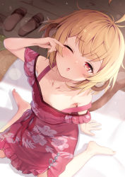 Rule 34 | 1girl, :o, ahoge, andira (granblue fantasy), animal ears, antenna hair, ass, blonde hair, blush, breasts, cloud, dress, erune, granblue fantasy, highres, indoors, kimblee, looking at viewer, looking back, monkey ears, monkey tail, open mouth, red dress, red eyes, short hair, sky, sleepy, small breasts, smile, solo, standing, tail, wading
