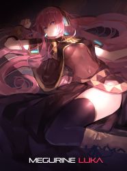 Rule 34 | 1girl, bad id, bad pixiv id, blue eyes, boots, character name, detached sleeves, headset, highres, jandy, knee boots, long hair, long skirt, looking at viewer, lying, megurine luka, navel, pink hair, shadow, side slit, skirt, smile, thighhighs, thighs, very long hair, vocaloid