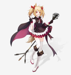 Rule 34 | 1girl, 7fan, :d, absurdres, ahoge, animal ears, arknights, black cape, black dress, black gloves, bow, breasts, cape, dress, frilled dress, frills, full body, gloves, hair bow, highres, holding, holding microphone stand, kneehighs, long hair, long sleeves, looking at viewer, microphone stand, open mouth, pink cape, red bow, red eyes, shadow, simple background, small breasts, smile, socks, solo, sora (arknights), standing, tachi-e, tail, teeth, thighhighs, twintails, two-sided cape, two-sided fabric, upper teeth only, white background, white footwear, white thighhighs, wolf ears, wolf girl, wolf tail