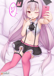 Rule 34 | 1girl, ;d, azur lane, bad id, bad pixiv id, bare arms, bare shoulders, bed sheet, belt, belt buckle, black bow, black hairband, black ribbon, black skirt, bow, buckle, cellphone, closed mouth, collared shirt, commentary, english commentary, english text, fingernails, hair ribbon, hairband, hand up, heart, highres, hobby (azur lane), holding, holding phone, long hair, lying, navel, on back, one eye closed, open mouth, outstretched arm, phone, pillow, pink belt, pink thighhighs, pleated skirt, purple hair, red eyes, ribbon, selfie, shirt, skirt, sleeveless, sleeveless shirt, smile, solo, spoken heart, thighhighs, tongue, tongue out, vahn yourdoom, very long hair, white shirt