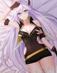 Rule 34 | 1girl, aircell, arm strap, arm up, armpits, bad id, bad pixiv id, bare shoulders, belt, black gloves, black vest, blush, breasts, cecilia schariac, cleavage, closed mouth, collarbone, collared vest, commentary, covered navel, dress, dutch angle, earrings, from above, gloves, green eyes, hair between eyes, hair ornament, hand on own head, honkai (series), honkai impact 3rd, jewelry, light purple hair, long hair, looking at viewer, medium breasts, nose blush, open clothes, open vest, pink lips, short dress, skindentation, sleeveless, sleeveless dress, smile, solo, straight hair, thigh gap, thighhighs, thighs, torn clothes, torn dress, very long hair, vest, white thighhighs