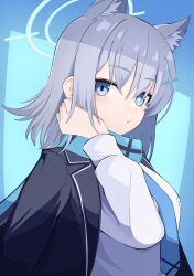 Rule 34 | 1girl, animal ears, blue archive, blue eyes, grey hair, halo, heterochromia, highres, looking at viewer, school uniform, shiroko (blue archive), simple background, solo, white background, wolf ears, yun (kbdenz9)