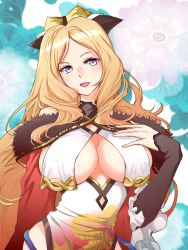 Rule 34 | 1girl, azur lane, blonde hair, blue eyes, breast curtains, breasts, chaser (azur lane), chaser (the way of the dragon empery) (azur lane), cleavage, commentary request, hand on own chest, head tilt, highres, large breasts, long hair, mariko (marumarimari), open mouth, sideboob, solo, underboob, wavy hair