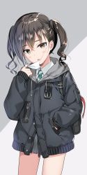 Rule 34 | 1girl, black jacket, blush, brown eyes, brown hair, collared shirt, commentary request, cowboy shot, drawstring, green necktie, grey skirt, hair between eyes, hand in pocket, hand up, head tilt, highres, hood, hood down, hooded jacket, idolmaster, idolmaster cinderella girls, jacket, long hair, long sleeves, looking at viewer, mask, mask pull, miniskirt, mole, mole under eye, mouth mask, necktie, open mouth, parka, parted lips, pleated skirt, rei (rei&#039;s room), sharp teeth, shirt, skirt, sleeves past wrists, solo, standing, striped necktie, striped neckwear, sunazuka akira, surgical mask, teeth, twintails, wavy hair, white shirt