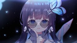 Rule 34 | 1girl, :d, aoi nabi, black-framed eyewear, black hair, blue eyes, blue hair, bow, butterfly hair ornament, deyui, glasses, grey sweater, hair bow, hair ornament, hairclip, hand up, highres, index finger raised, indie virtual youtuber, long hair, looking at viewer, multicolored hair, noise, open mouth, portrait, round eyewear, signature, smile, solo, sweater, teeth, turtleneck, turtleneck sweater, two-tone hair, upper teeth only, virtual youtuber, white bow, x hair ornament