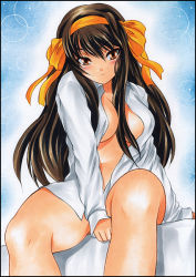 Rule 34 | 10s, 1girl, bed, between legs, breasts, brown eyes, brown hair, cleavage, covering crotch, covering privates, hair ribbon, hairband, hand between legs, kouyouen academy school uniform, large breasts, long hair, naked shirt, navel, no pants, official alternate hair length, official alternate hairstyle, open clothes, open shirt, ribbon, school uniform, shirt, sitting, solo, suzumiya haruhi, suzumiya haruhi no shoushitsu, suzumiya haruhi no yuuutsu, yadokari genpachirou