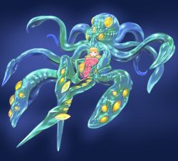 Rule 34 | 1girl, bad id, bad pixiv id, biosuit, blonde hair, blue background, blush, bodysuit, breasts, extra eyes, gills, large breasts, living clothes, long hair, nulroh, octopus, original, red eyes, slit pupils, tentacles, tentacle clothes