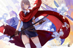 Rule 34 | 1girl, achyue, belt, fantasy, fingerless gloves, gloves, grey hair, looking at viewer, neck ribbon, original, pixiv fantasia, pixiv fantasia t, pointy ears, purple eyes, red scarf, ribbon, scarf, ship, short shorts, shorts, solo, sword, thighhighs, watercraft, weapon, white thighhighs