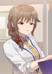 Rule 34 | 1girl, bags under eyes, blurry, blurry background, bra visible through clothes, braid, brown hair, closed mouth, commentary, depth of field, dress shirt, frown, hair ornament, hair scrunchie, half-closed eyes, id card, idolmaster, idolmaster cinderella girls, indoors, kamille (vcx68), lanyard, long sleeves, looking at viewer, medium hair, necktie, office lady, red scrunchie, scrunchie, see-through, senkawa chihiro, shirt, single braid, sleeves rolled up, solo, upper body, white shirt, wing collar, yellow necktie